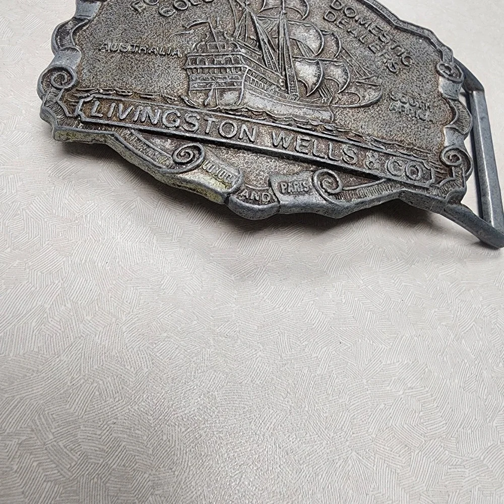 Vintage Livingston Wells & Co Gold Dealers Belt Buckle Wells Fargo Ship Boat